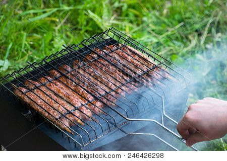 Lulya Kebab From Meat Are Prepared In The Grill.