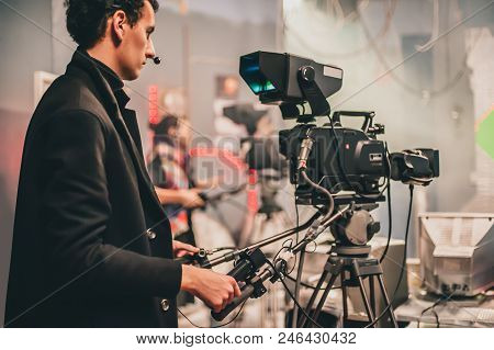 Behind Scene. Multiple Camera. Cameraman Shooting Film Scene With Camera