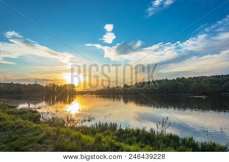 Beautiful Orange Sunset On The River Uvod 16.05.2018 In Ivanovo, Ivanovo Region, Russia.