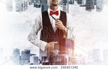 Confident And Young Businessman In Smart-casual Wear Smoking Pipe And Modern Cityscape With Business