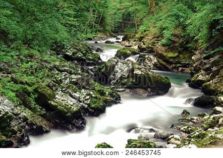 Wonderful Vintgar Gorge Canyon At Curlicue River And Beautiful Summer Colors And Close To Lake Bled 