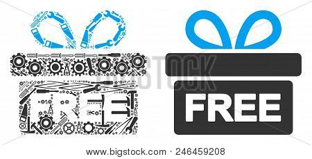 Free Gift Collage Of Repair Tools. Vector Free Gift Icon Is Done Of Gears, Screwdrivers And Other Se