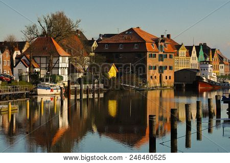 Jan 2013, Glueckstadt Germnay, Old Historic Harbor With Old Vessels And Houses
