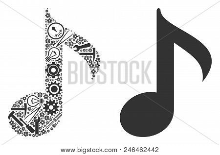 Musical Note Collage Of Service Tools. Vector Musical Note Icon Is Designed Of Cogs, Hammers And Oth