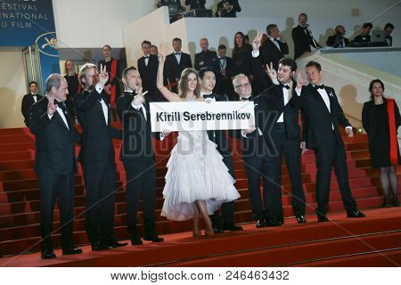  Ilya Stewart,  Roman Bilyk, Irina Starshenbaum,Teo Yoo, Vladislav Opelyan attend the screening of'Leto' during the 71 Cannes Film Festival at Palais on May 9, 2018 in Cannes, France.
