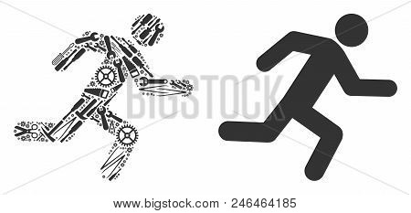 Running Man Mosaic Of Service Tools. Vector Running Man Icon Is Organized Of Gear Wheels, Hammers An