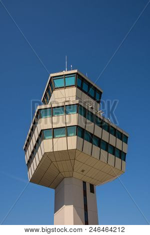 Berlin Germany - April 21. 2018: Berlin Tegel Airport Otto Lilienthal Terminal Air Control Tower