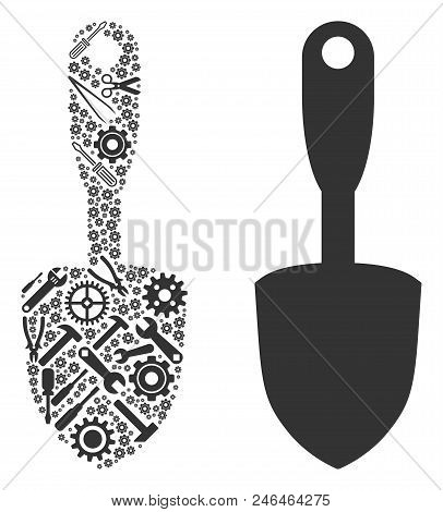 Scoop Shovel Collage Of Service Tools. Vector Scoop Shovel Icon Is Designed Of Gears, Spanners And O
