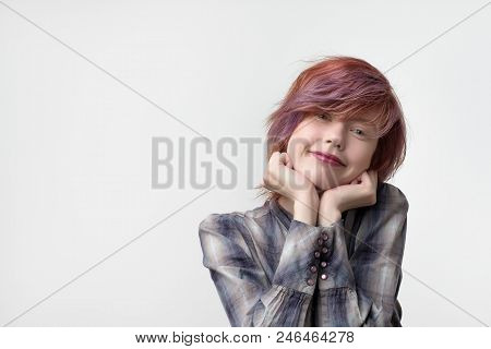 Portrait Of Unusual Informal Pretty Woman With Colorful Hairstyle. She Is Smiling And Freaming. She 