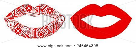 Sexy Lips Mosaic Of Repair Instruments. Vector Sexy Lips Icon Is Formed Of Gear Wheels, Screwdrivers