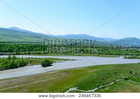 View on Aragvi and Kura (Mtkvari) rivers from the ancient rock city of Uplistsikhe (Upliscyche), Georgia