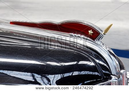 Kharkiv, Ukraine - May 19, 2018: Close Up Of The Hood Ornament Of Retro Car Black Zis-110 Manufactur