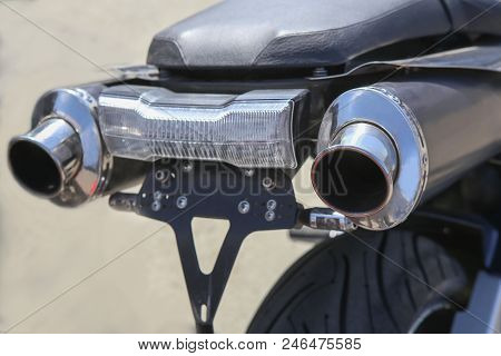 Powerful Motorcycle Exhaust Twin Pipes  Closeup Photo