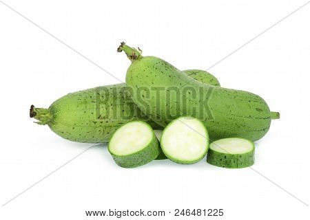 Fresh Green Sponge Gourd Or Luffa With Slice Isolated On White Background