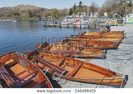 South Lakeland, Uk - April 2018: Rowing Boat At Waterhead Pier In Ambleside, A Lakeside Town Situate