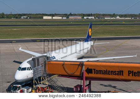 Berlin Germany - April 21. 2018: Lufthansa Airbus A321 At The Gate Of Berlin Tegel Airport