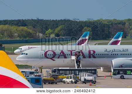 Berlin Germany - April 21. 2018: Qatar Airways Boeing 777-300er At Berlin Tegel Airport