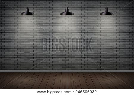 Interior Of Prison With Black Brick Wall And Vintage Pedant Lamps. Vintage Jail And Prison Cell. Con