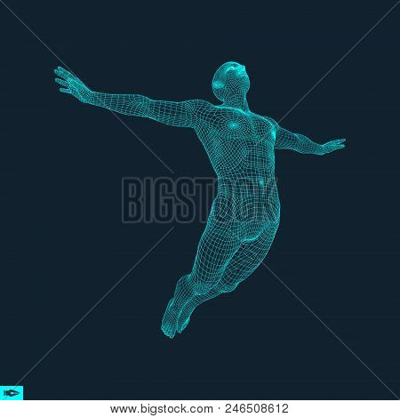 Silhouette Of A Jumping Man. 3d Model Of Man. Geometric Design. Polygonal Covering Skin. Human Body 