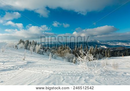 Winter Calm Mountain Landscape With Beautiful Frosting Trees And Ski Track Through Snowdrifts On Mou