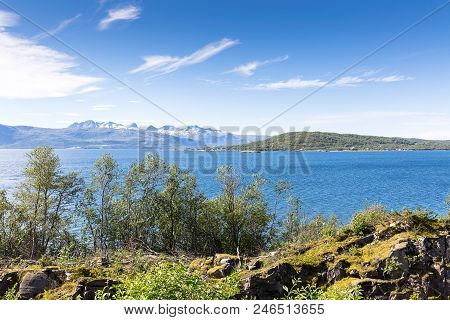 View Into A Fjord On A Clear And Sunny Day On Lofoten, Nordland, Norway On Lofoten, Nordland, Norway