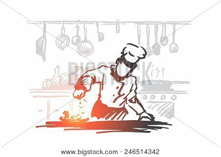Cooking, Chef, Food, Meal Concept. Hand Drawn Chef Preparing Dish In Restaurant Concept Sketch. Isol