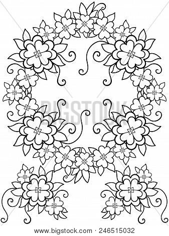 Wreath Of Flowers And Leaves. Line Drawing. For Coloring.