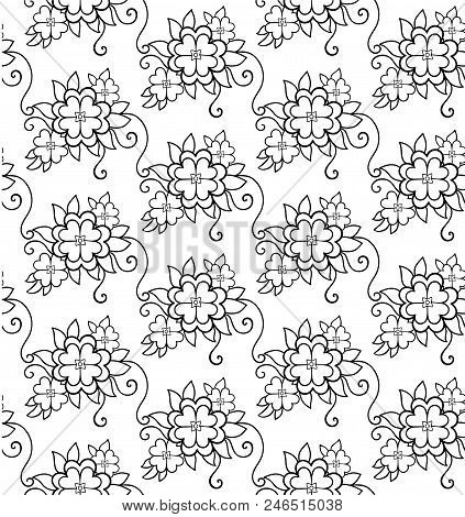 Flowers With Leaves. Seamless Pattern. Line Drawing. For Coloring