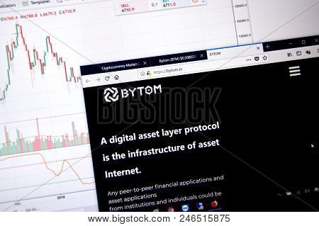 Montreal, Canada - June 20, 2018: Bytom Crypto Currency Home Page. Cryptocurrency Is A Digital Curre