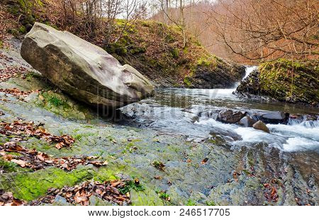 Giant Boulder And Small Cascade On The River. Lovely Autumn Scenery Of Carpathian Nature. Location N