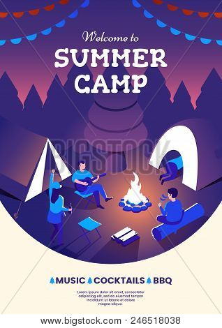 Summer Camping Party Invitation Poster. Group Of People Sitting At A Campfire. Night Camp Illustrati