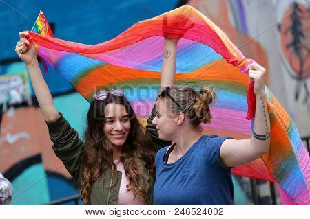 Sofia, Bulgaria - 9 June 2018: Young Girls Participate In The Annual Lgbt Sofia Pride Parade For Equ