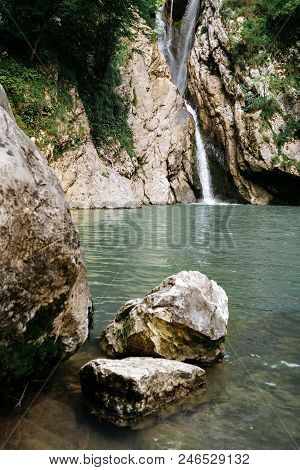 The Average Agur Waterfall In The Agur Gorge In Sochi.