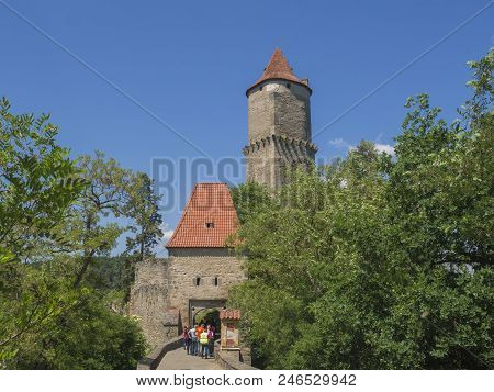 Czech Republic, Zvikov, May 26, 2018: Group Od People In Main Entry Gate To Medieval Castle Zvikov (