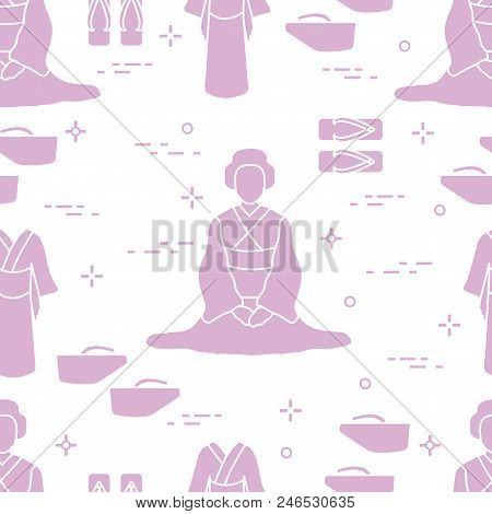 Seamless Pattern With Asian Woman, Traditional Japanese Clothing, Shoes. Travel And Leisure.