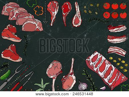 Meat Cuts Assortment - Beef, Pork, Lamb, Steak, Boneless Rump, Ribs Roast, Loin And Rib Chops. Tomat