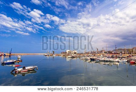 Bari, Italy, Puglia: Beautiful Landscape With Fishing Boats, Yaght And Blue Sea Against The Sky. Apu