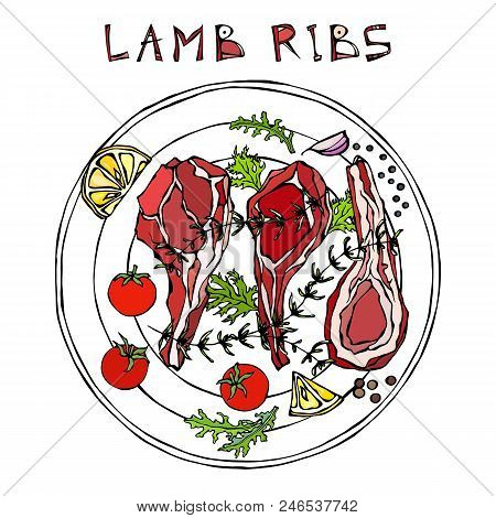 Lamb Ribs Chops With Herbs, Lemon, Tomato, Parsley, Thyme, Pepper. On A Round Plate. Meat Guide For 