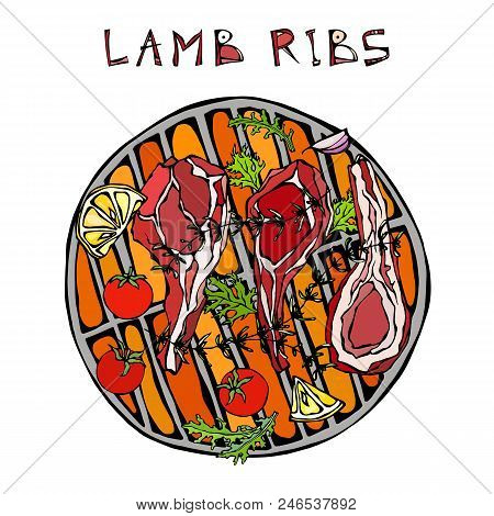Lamb Ribs Chops With Herbs, Lemon, Tomato, Parsley, Thyme, Pepper. On A Round Grill Bbq. Meat Guide 