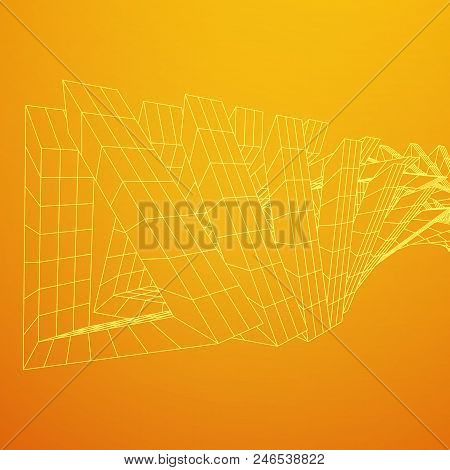 Futuristic Tunnel Of Wireframe Low Poly Mesh Construction. Futuristic Background, Business Concept. 