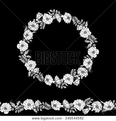 Round Frame And Endless Brush With Wild Roses. Summer Flowers Greeting Card Or Wedding Background. H