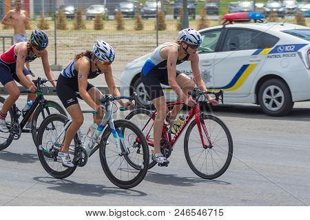 Dnipro, Ukraine - June 03, 2018:winner, Runner Up And Third Place Competing At The Womens Bicycle Ra