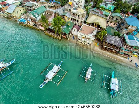 Aerial View Of The Beach With Fishing Boats. Elnido, Philippines, 2018.