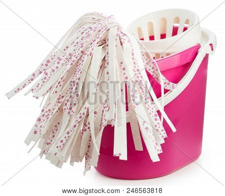 Red Bucket  With Mop Isolated On White Background