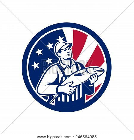 Icon Retro Style Illustration Of An American Fishmonger Selling Fish With United States Of America U
