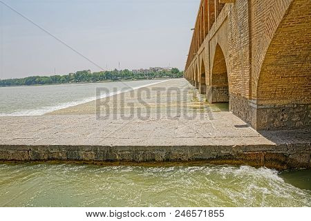 View Of The Zayandeh River From The Ancient Khaju Bridge In Isfahan Iran.