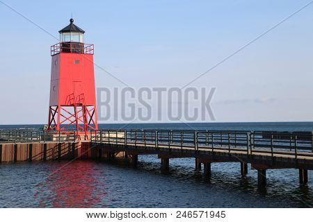 Morning At Charlevoix South Pier Light Station In Charlevoix, Mi