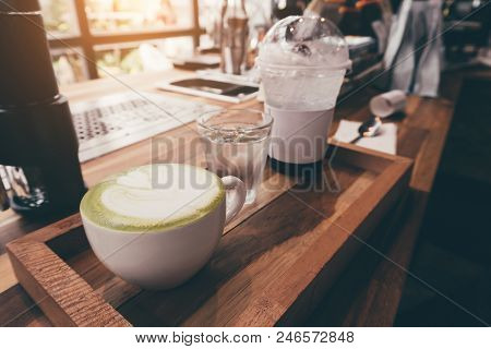 Matcha Tea Or Green Tea On A Wooden Table After A Drink In The Morning At A Matcha Green Tea Shop Wi