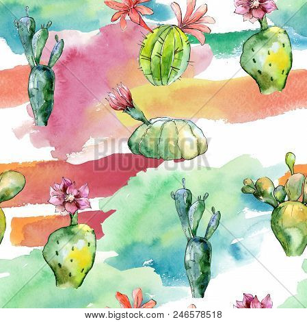 Green Tropical Cactus. Floral Botanical Flower. Seamless Background Pattern. Fabric Wallpaper Print 