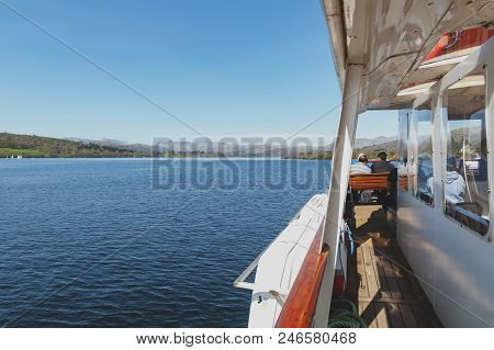 South Lakeland, Uk - April 2018: Tourists Enjoying Boat Cruise At Lake Windermere From Bowness-on-wi